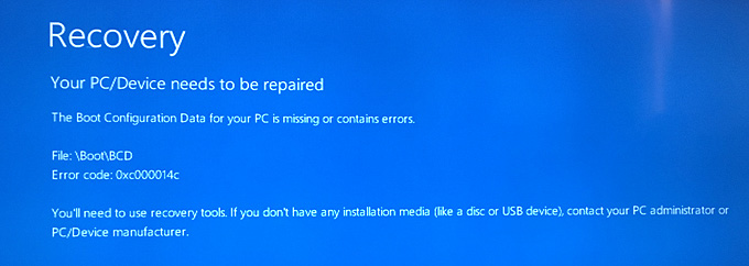 Windows10で Recovery Your Pc Device Needs To Be Repaired と表示されて起動しない場合の修理方法